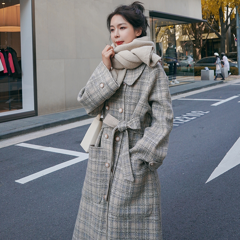 

2021 New Women' Coat New Double-breasted Korean Loose in a Straight Line Wool Below the Knee Long Female Jacket 1c 96ry, Photo color