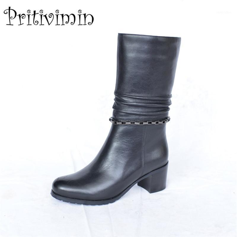 

2020 Ladies genuine leather bottines femmes winter woman warm real fur lined shoe female thick heel riding boots Pritivimin FN401, Black