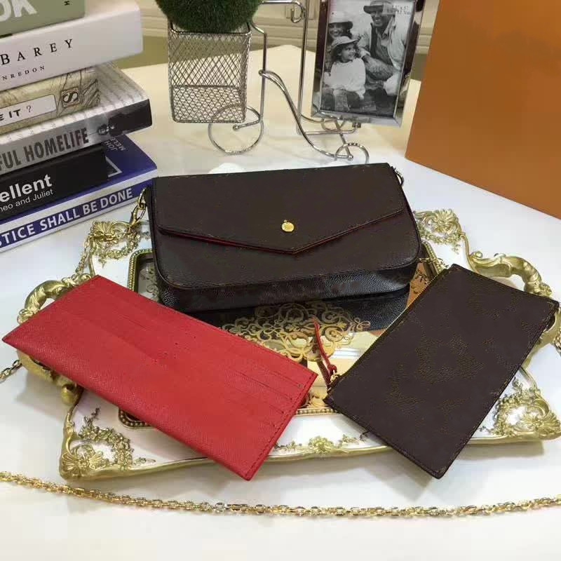 

Newest Luxurys Designers Handbags Purses Bag Genuine Leather Fashion Women Shoulder Bags High Quality Three-piece Combination Bags Crossbody wallet 61276, Brown flower/red
