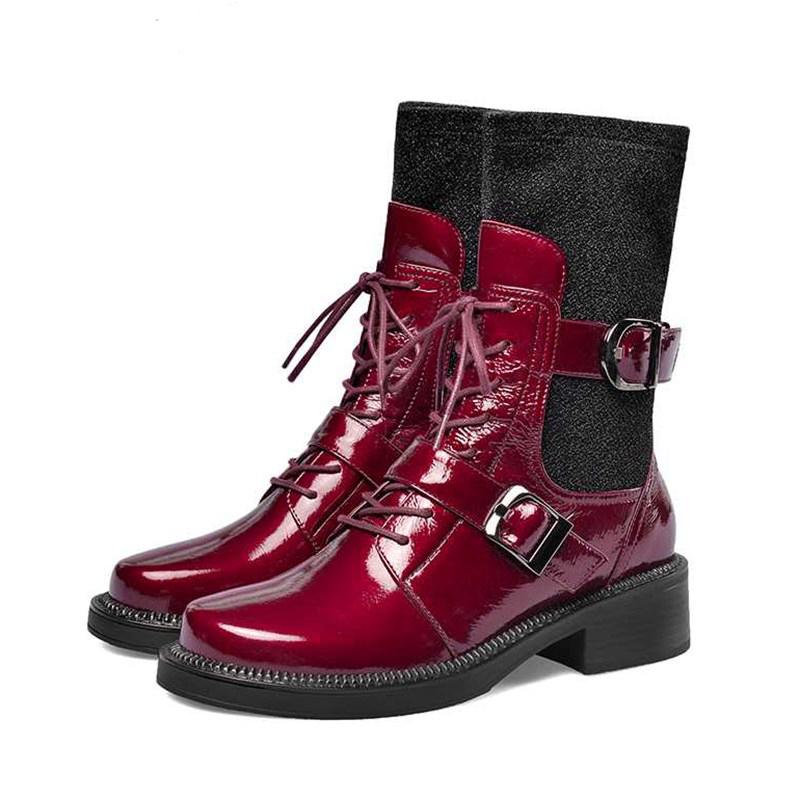 

new winter boots women's new winter shoes European mixed colors rock buckle keep warm lace up mid-calf boots mujer, Black