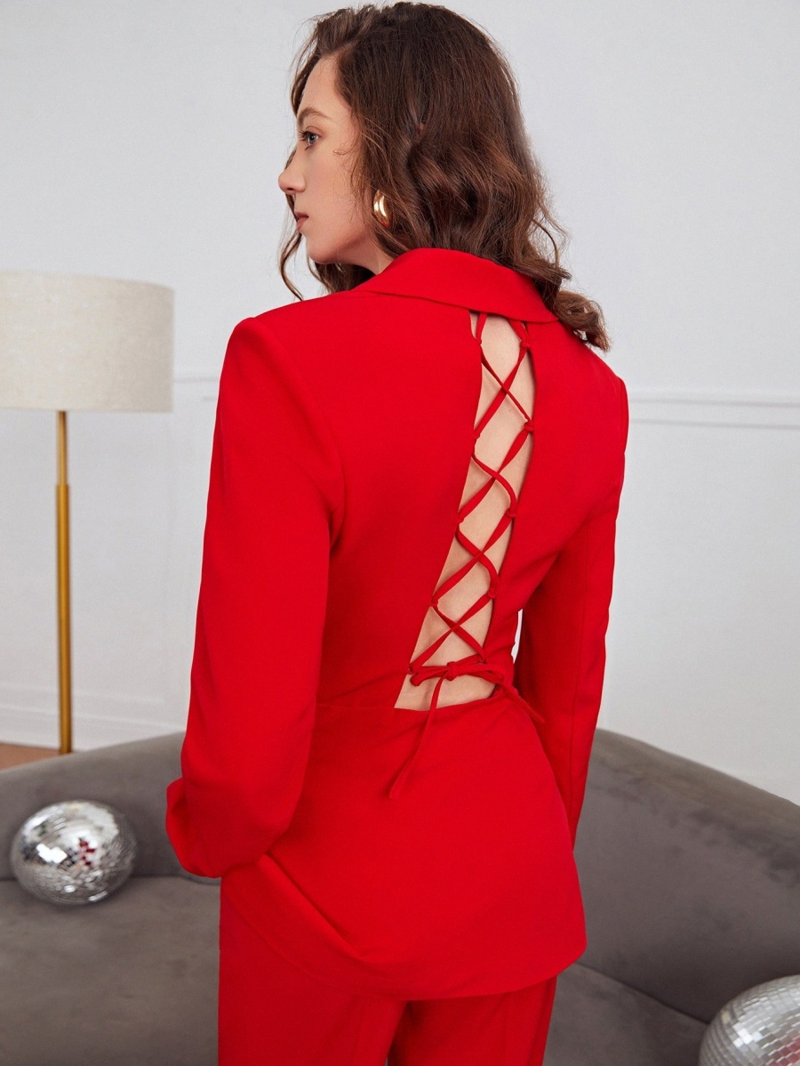 

Lapel Collar Lace Up Backless Flap Detail Blazer f0nb#, Red