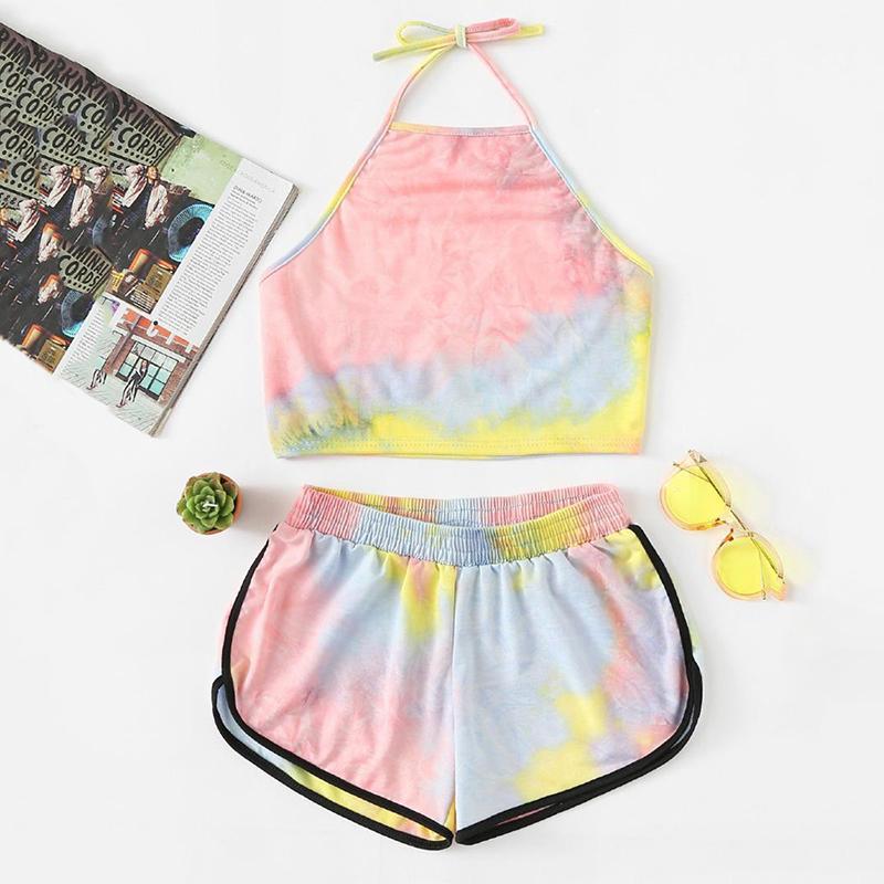 

Women Fashion Print Tie-dye Homewear Set Halter Bandage Sleeveless Backless Crop Top Elastic Waist Shorts Casual Tank Shorts Set1