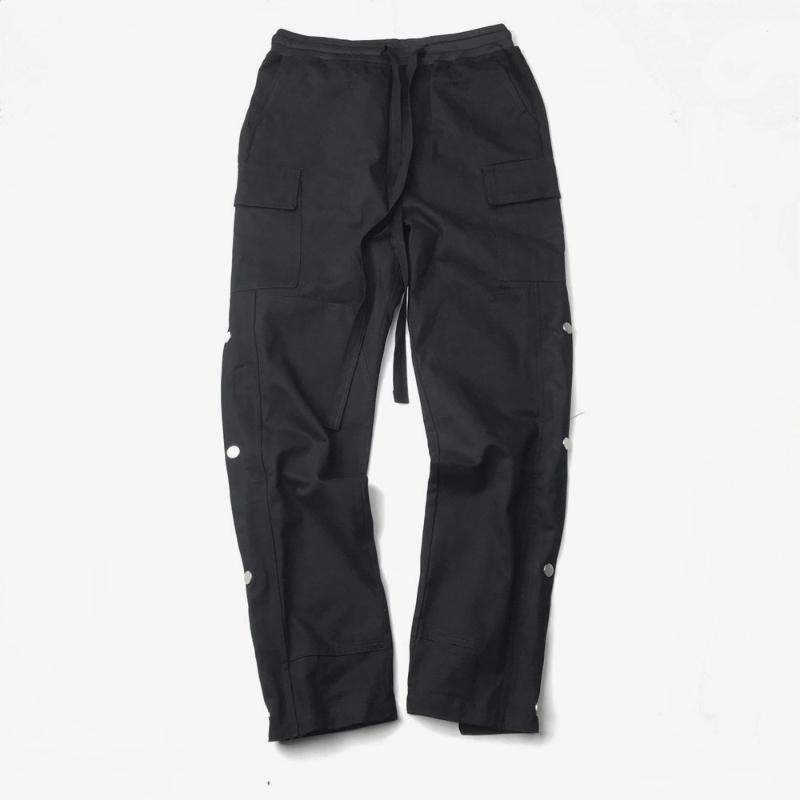 

Men Black Snap Twill Cotton Cargo Pants Hip Hop Slim Fit Belted Waistband Jogger Autumn Streetwear