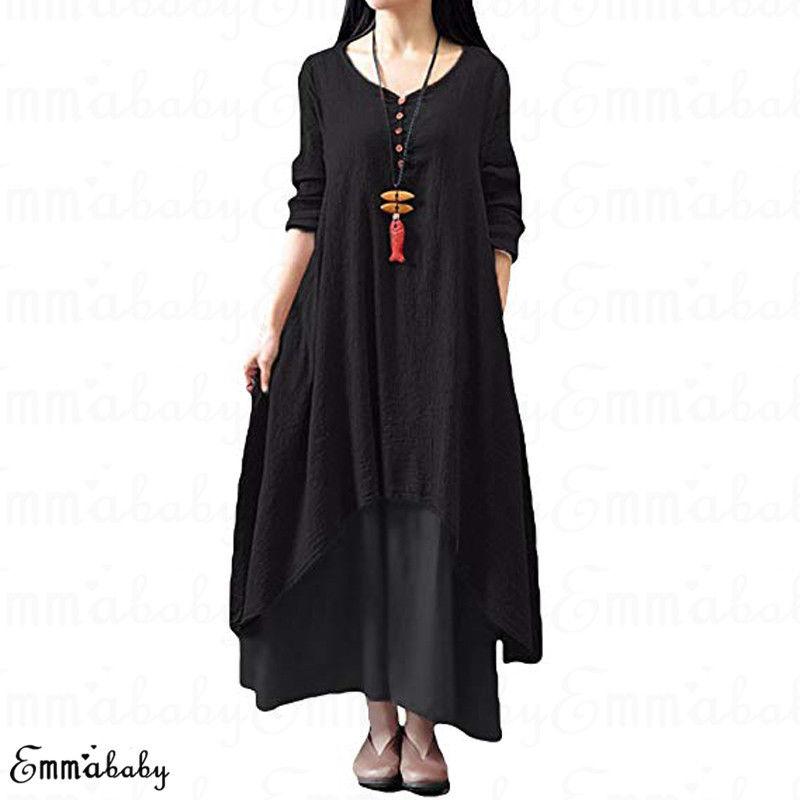 

Women Peasant Ethnic Boho Cotton Linen Long Sleeve Maxi Dress, Black