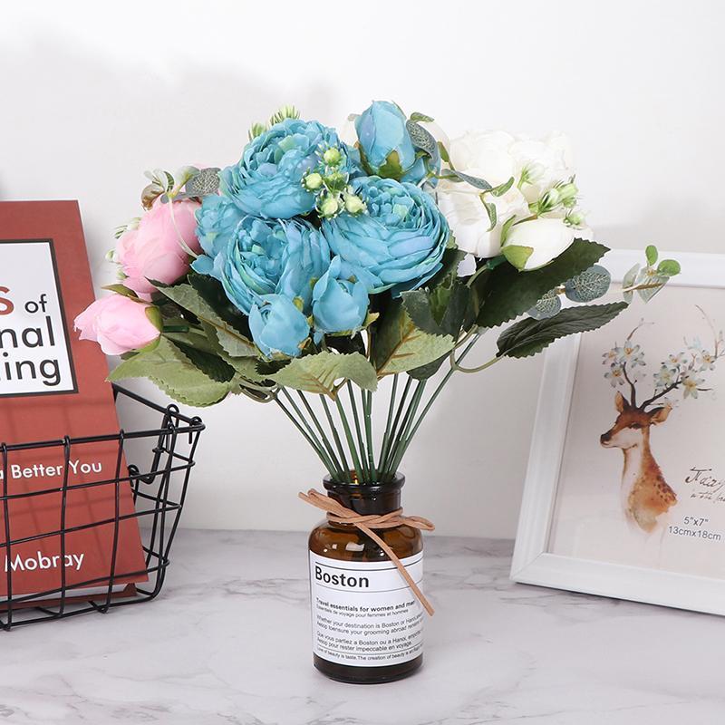 

Silk Artificial Flowers Big Head and Cheap Fake Flowers for Home Wedding Decoration indoor 1 Bouquet 5 Head Bloom Rose new1, Bl