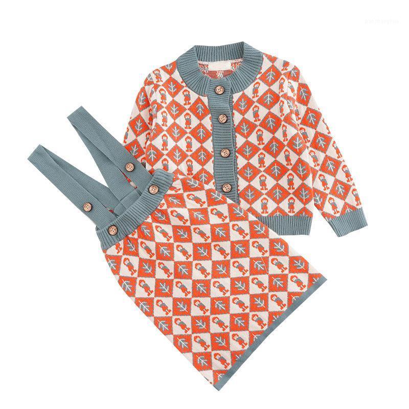

WIND Girls Clothes Set 2020 Autumn Long Sleeve Plaid Printed Kids Warm Knitted Cardigan Coat+Overall Skirt Toddler Clothes1, As shown