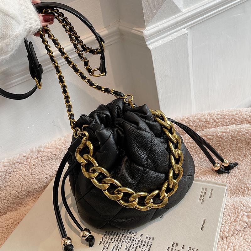 

Evening Bags Small PU Leather Bucket Crossbody Women 2021 Winter Brand Thick Chain Quilted Shoulder Bag Designer Padded Handbags