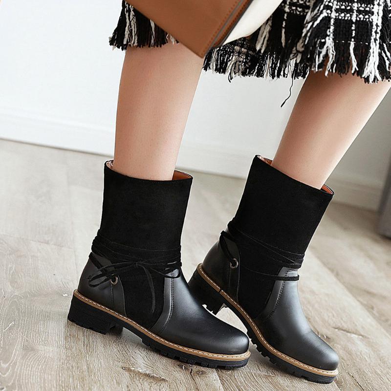 

Boots Women British Style Winter Motorcycle Short Plush Boots Plus Size Lace-up Snow Sewing Winter Women Ladys Shoes, Beige