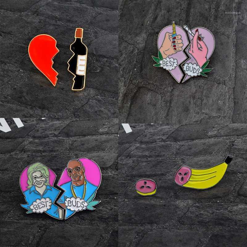 

A pair Heart-shaped Lapel enamel pin Badges Creative Love Wine bottle banana Brooches for women Best friends couple Jewelry Gift1