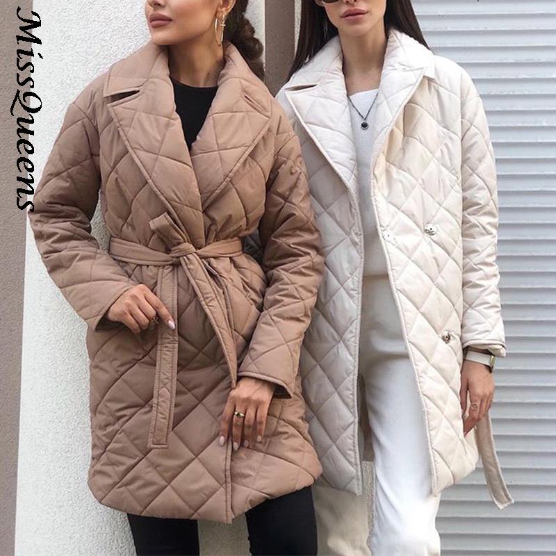 

Women Long Straight Winter Coats Solid Rhombus Pattern Casual Sashes Parkas Poets Tailored Collar Ladies Stylish Outerwear, White
