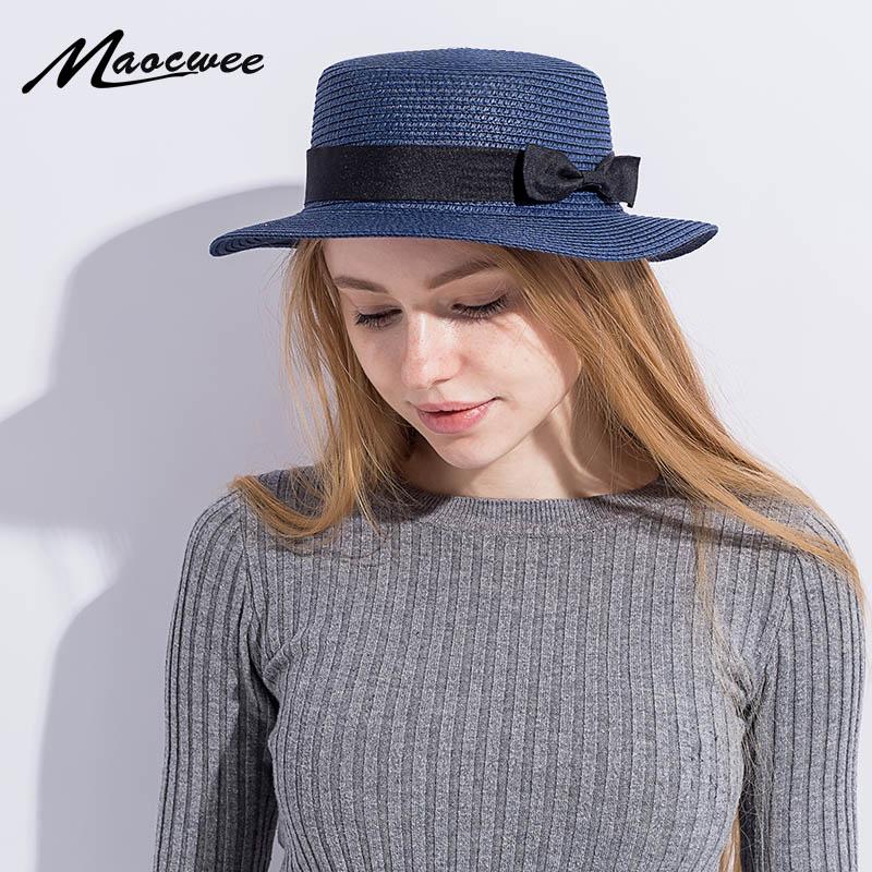 

Wide Brim Hats Lady Boater Sun Caps Ribbon Round Flat Top Straw Bow Tie Beach Hat Panama Summer For Women Snapback Gorras