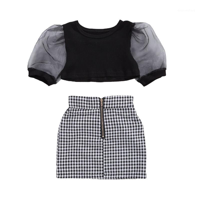 

Summer New Kids Baby Girls 2pcs Clothes Sets Mesh Puff Sleeve T Shirts Tops Plaid Skirts 1-6Y1, Black