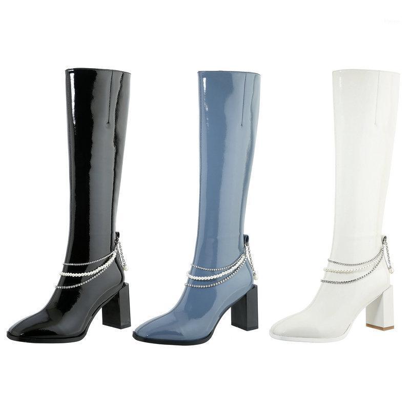 

Women Genuine Leather Knee High Boots Fashion Chain Zipper Knight Boots Thick High Heel Square Toe Long Autumn Lady Shoes1, Black