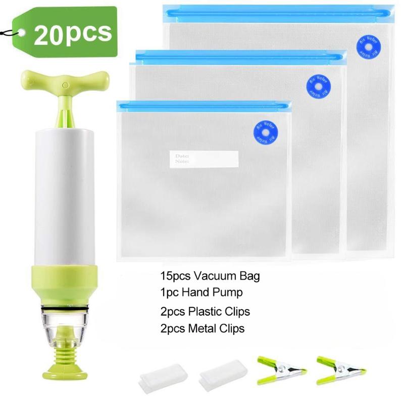

17/20pcs Vacuum Bags Sous Vide Bags Kit Reusable Storage Wrap Bag Zip Top Containers With Hand Pump Clips