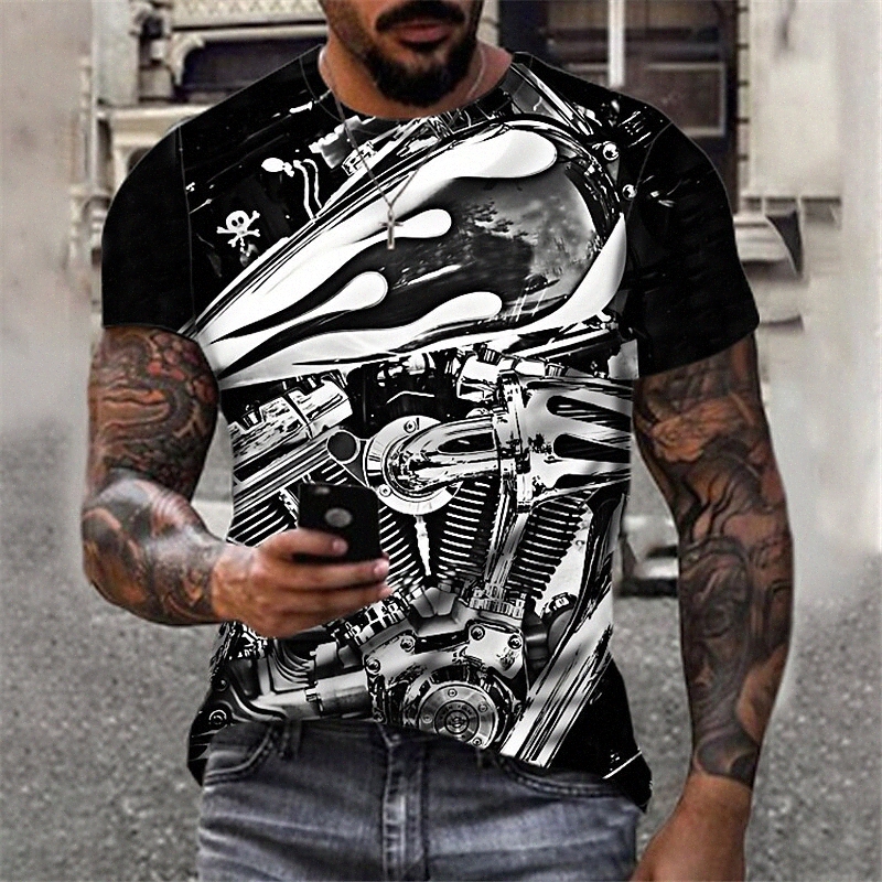 Men's T shirt 3D Print Machine Motorcycle Print Short Sleeve Street Tops Sportswear Casual Fashion Comfortable Black S3FG#