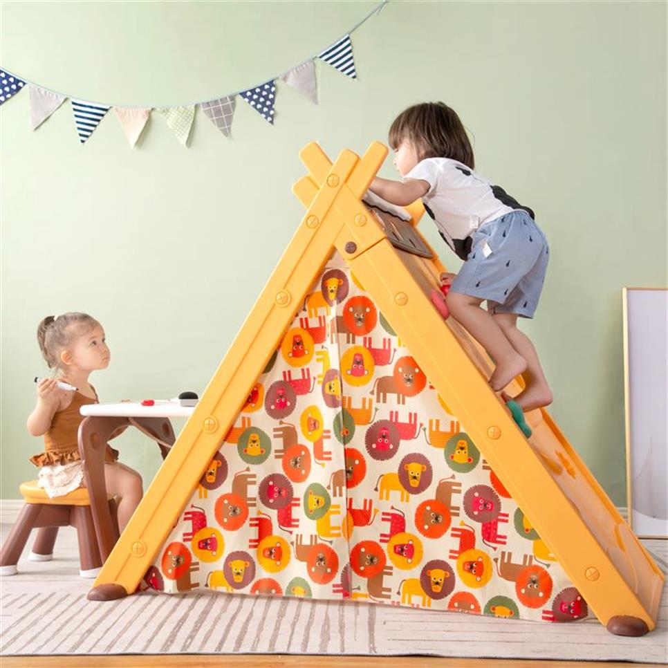 

US Stock Kids Play Tent - 4 in 1 Teepee Tent with Stool and Climber, Foldable Playhouse Tents for Boys & Girls a31304E