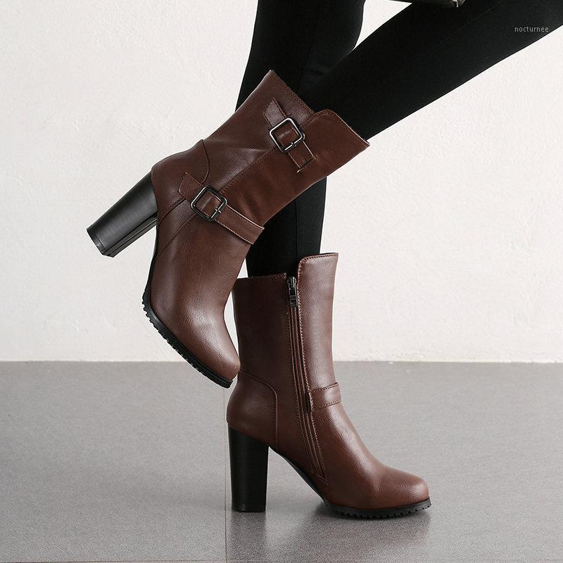 

LDHZXC High Heels Women Mid-calf Boots Autumn Winter Ladies Casual Boots Party Dress Shoes Woman Large Zie 34-431, Black