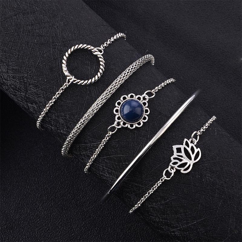 

5Pcs/Set Bohemian Hollow Round Lotus Gem Silver Color Chain Bracelet Women Charm Multilayer Open Bracelet Set Christmas Gift