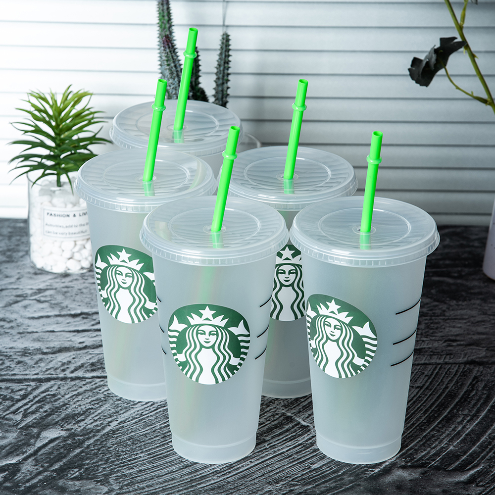 

5pcs/lot Starbucks 24OZ/710ml Transparent Tumbler With Straws Reusable Venti Frosted Ice Cold Drink Thick Plastic Cups For Coffee Cappuccino, As picture shows