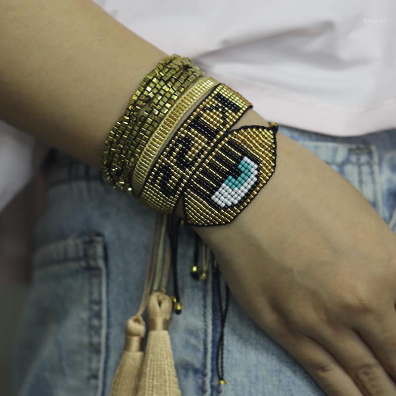 

Charm Bracelets Rttooas Turkish Evil Eye Bead Bracelet Miyuki KISS-Letter Beaded Pulseras Mujer Moda 2021 Gold Crystal Tassel1