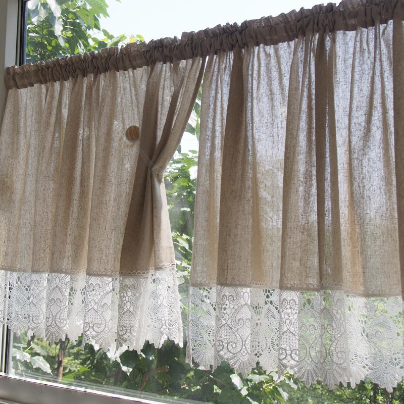 

Nordic cotton linen short kitchen curtain with white lace half curtain, As picture