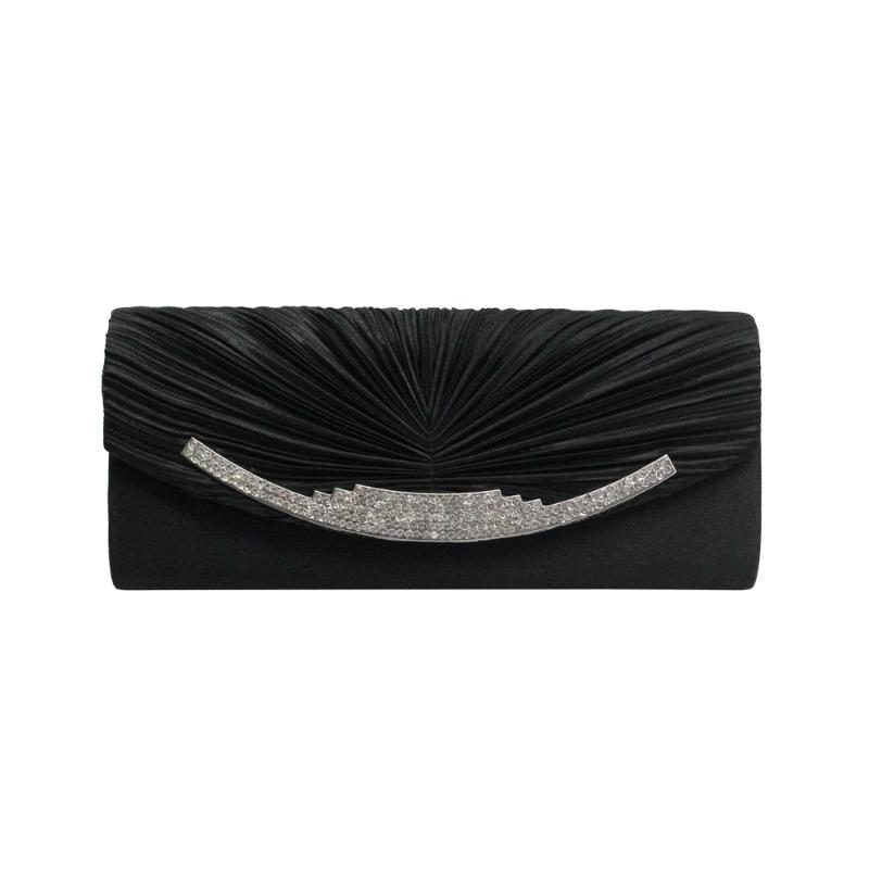

hot sale pleated drape satin clutch bag diamonds crystal evening bag for lady woman girl female, Black