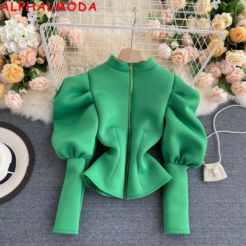 

ALPHALMODA New Stylish Puff Sleeve Zipper Cardigans Women Trendy Bubble Sleeve Slim Fit Fashion Solid Jacket Cute Outfit, Black