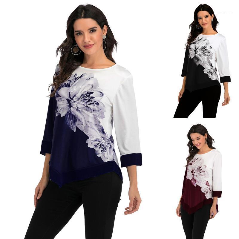 

Women's T-shirt Fashion Flower Splicing Printing T-shirts Ladies Casual Top Loose Mid-length Long Sleeve Trendy All-match Tops1