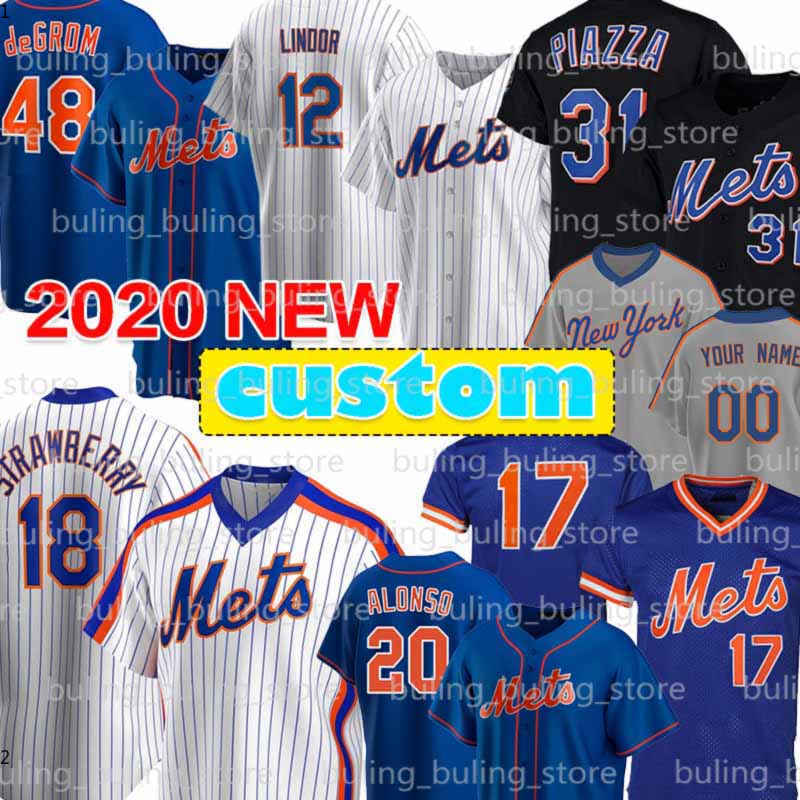 

Custom 12 Francisco Lindor Jerseys York 48 Jacob deGrom Pete Alonso Mets New Mike Piazza Keith Hernandez Darryl Strawberry Gooden 02, Blue;black