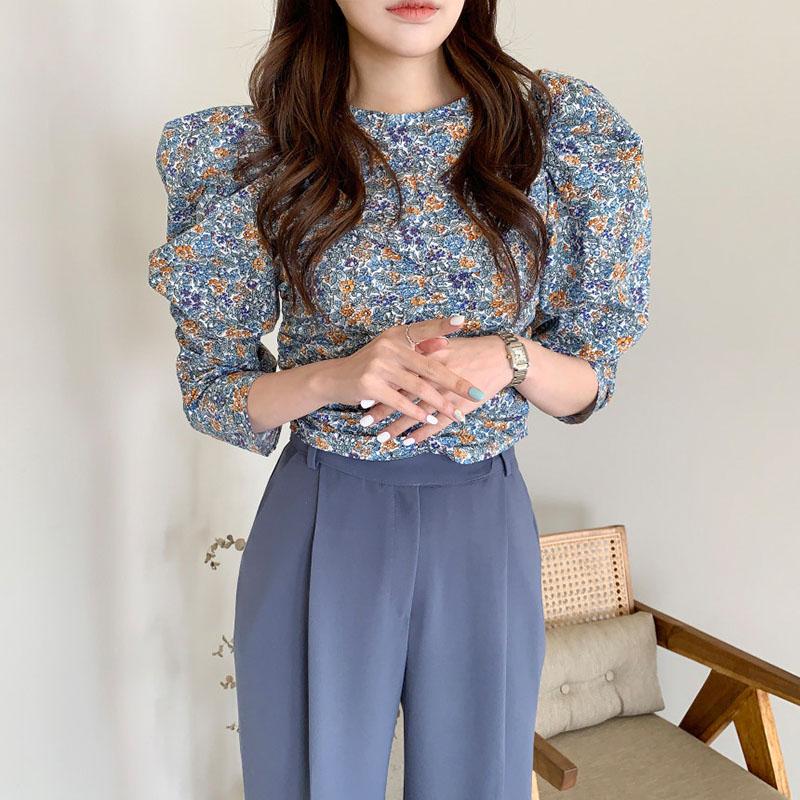 

Women's spring autumn blouse top French retro style round neck pleated top new slim waist short puff sleeve female tops GX415, Blue