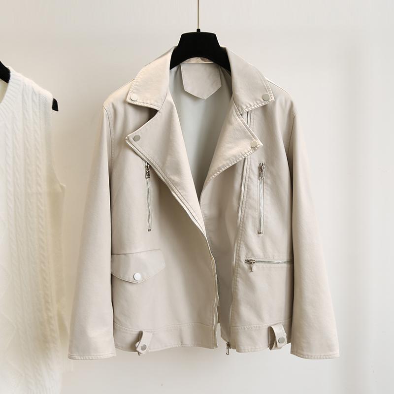 

Spring Autumn Zipper BF Pocket Loose Design Turn-Down Collar MotoBike Women Lady Pu Leather Jacket, Blue