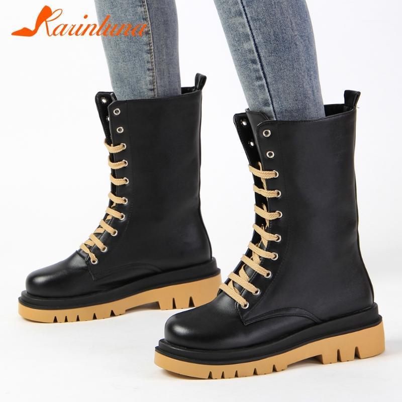

Karin Dropship On Sale New Fashion woman shoes Round Toe Cross-tied Mid-calf Boots Square thick Heels Autumn1, White