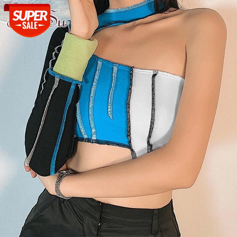 

ArtSu Fashion One Shoulder Long Sleeve T-shirts Punk Style Stitch Patchwork Backless Anomalistic Hem Hollow Out Crop Top TS52305 #sR9r, White