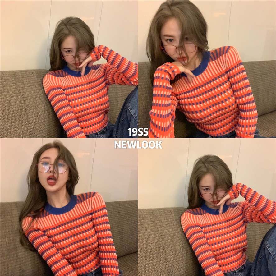 

Female 2021 Autumn Retro-striped Top Sweater Thin Fit Long Street Wear Yb4f, The shown in figure