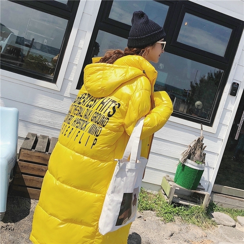 

Women Winter Letter Print Black Yellow Maxi Long Duck Down Coat Ladies warm Parka Plus Size Loose Long Down Jackets N906 Y200107