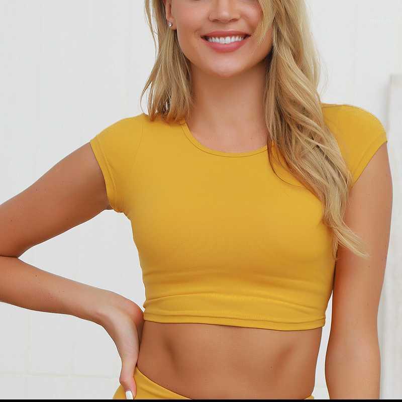 

Women's T-Shirt 2021 Summer Crop Top Short Sleeve Yellow T Shirt Ladies Sport Tops Fashion Solid Bandage Fitness Gym Slim Cropped Tshirt1