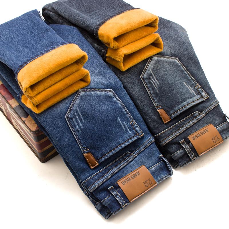 

Men Fashion Winter Jeans Men Blue Slim Fit Stretch Thick Velvet Pants Warm Jeans Casual Fleece Trousers Male Plus Size -40,006, Black fleece