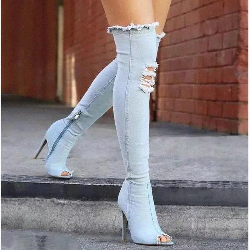 

Fashion Autumn Women High Heels thigh high boots Female Shoes Hot Over The Knee Boots Peep Toe Cowboy Boots Denim shoes #ew3W, Black