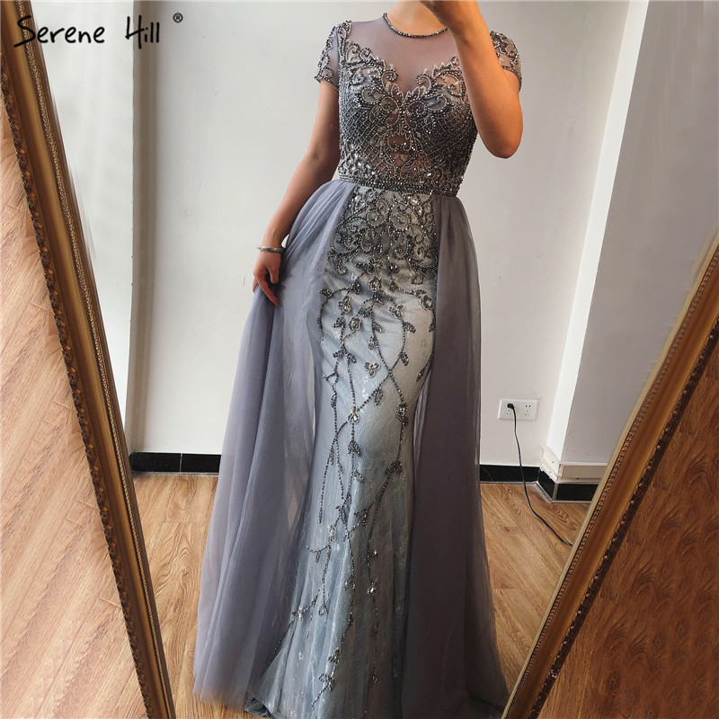 

Dubai Crystal Short Sleeve Evening Dresses Design Luxury Mermaid Sexy Formal Dress Serene Hill LA60960 201114, Grey