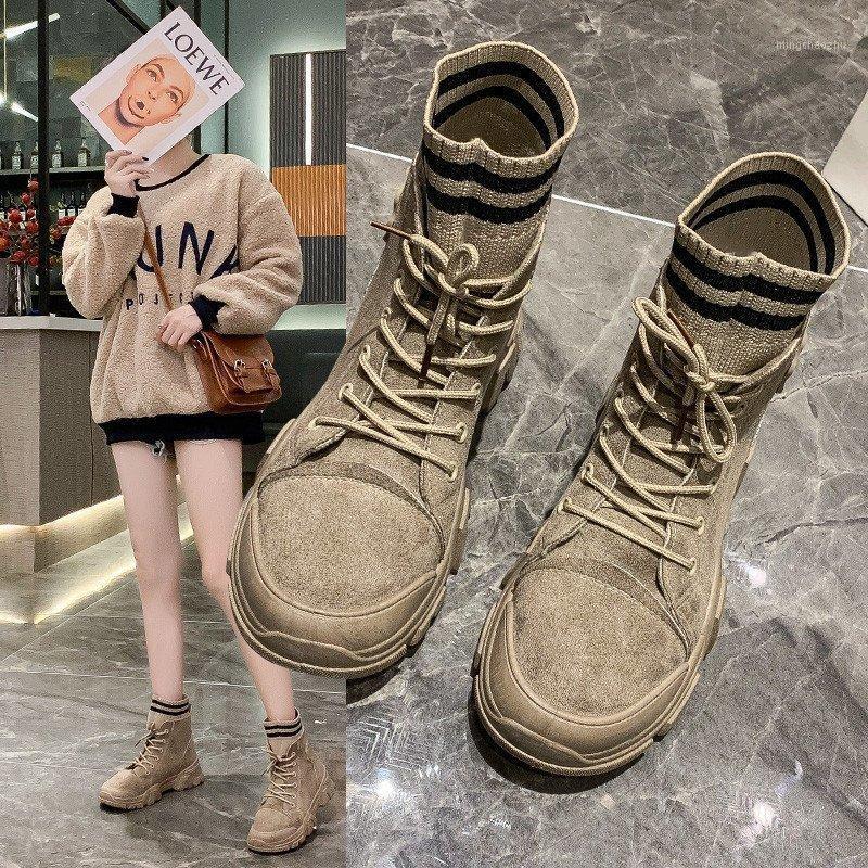 

2020 New Autumn Women Ankle Boots Fashion Brand suede Winter Boots Outdoor lace up sock for Botas Mujer 9h311, Beige