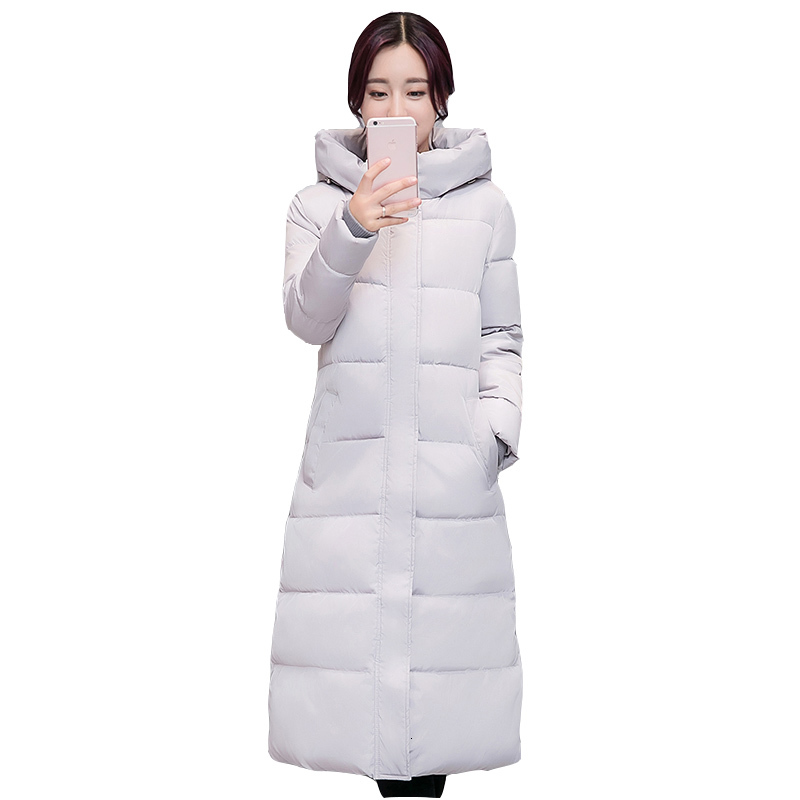 

2021 New Long female Korean winter medium longer size down jacket thick ladies with hoodie parka coat, White khaki.