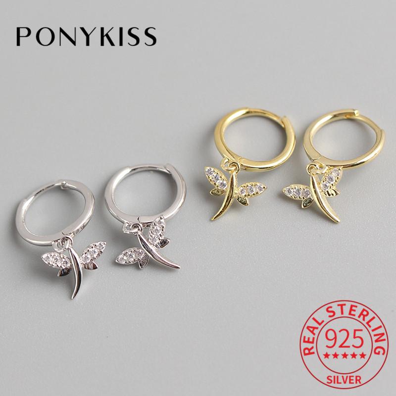 

Hoop & Huggie PONYKISS Romantic S925 Sterling Silver Dragonfly Zircon Earrings For Women Party Delicate Accessory Fashion Gift