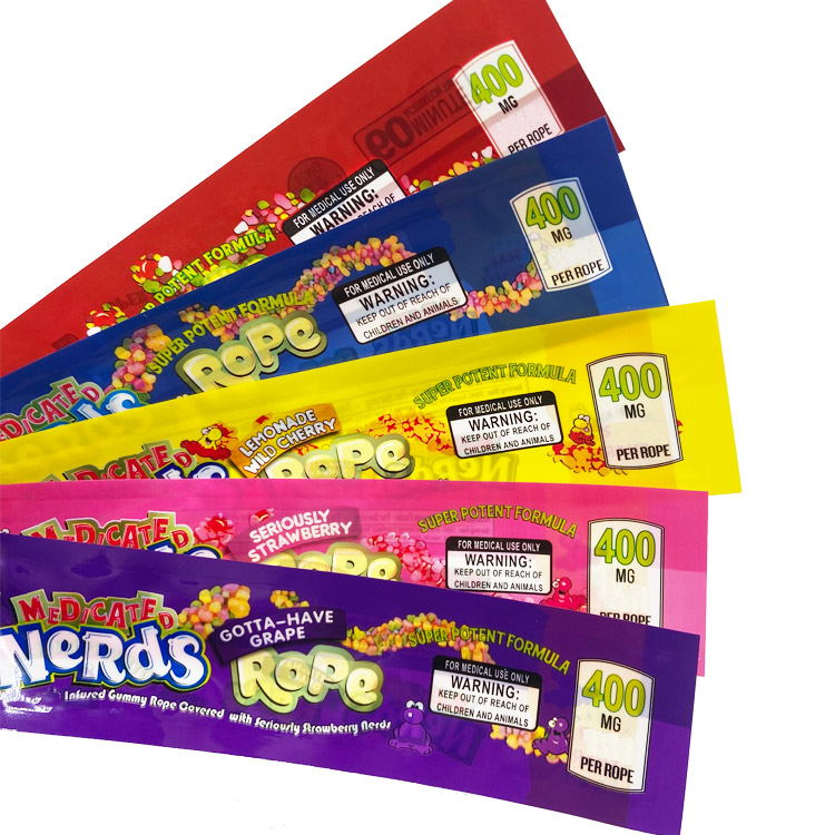 

Ready to ship new hot sale Nerds Rope 4 design 400mg packaging strawberry mylar bag with smell proof 3 side sealing bag with tear notch