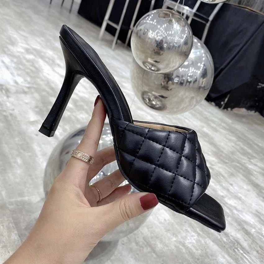 

2020 New Women High Heels Sandals Ladies High Heel Slippers Square Toe Thin Heel Fashion Female Slides Summer Sandalias Mujer #Vi09, Black