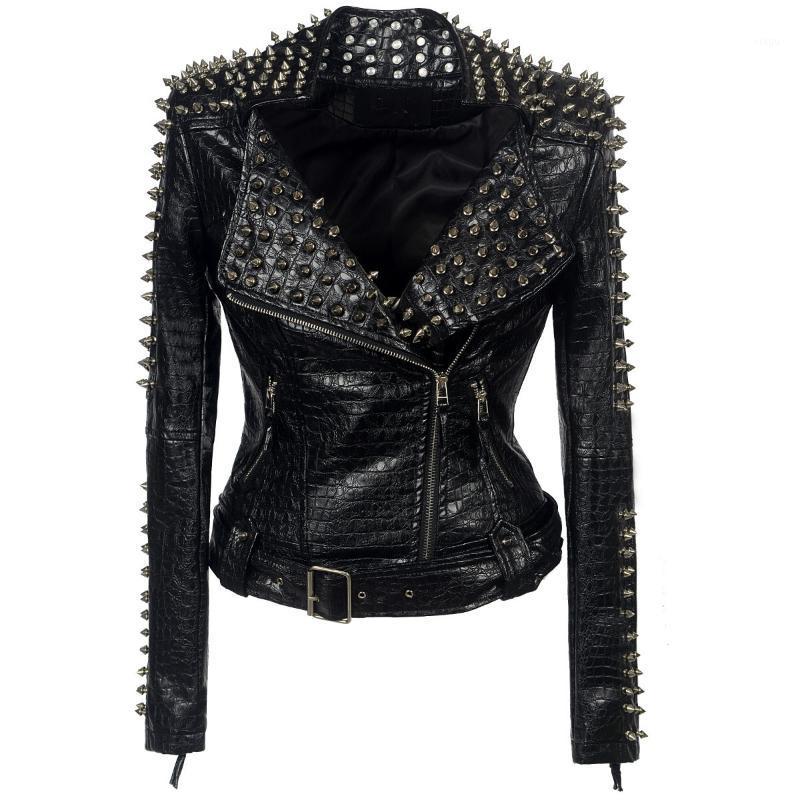 

Women Studded Stitching Motorcycle Leather Jackets Women' Long Sleeved Rock Fashion Personality Leather Jackets Outwear1, Black