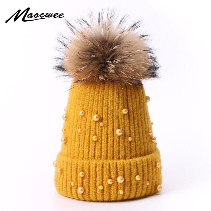

Hair Beanie Hat With Real Fur Pompon For Women Winter Pearl Knitted Warm Thick Hats Solid Color Fashion Female Bonnet Cap