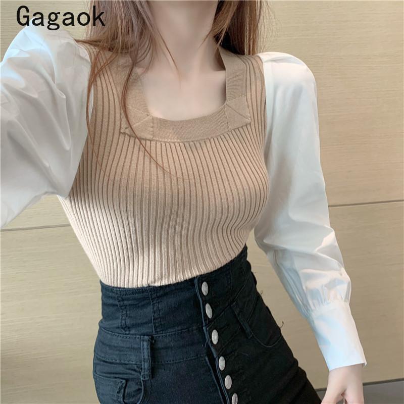 

Gagaok Korean Spring Autumn Knitted Sweaters 2020 New Square Collar Office Lady Puff Sleeve Patchwork Slim Chic Wild Pullovers, Black