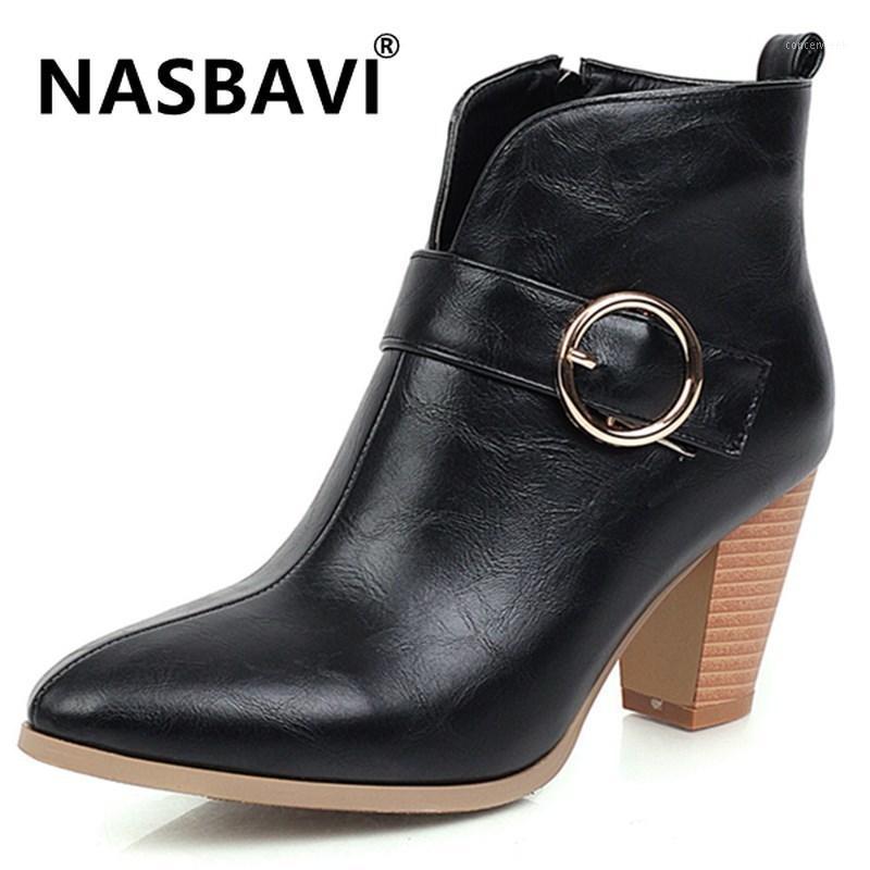 

Hot 2020 Retro Women Boots round toe thick Heel Ankle Boots Side Zipper metal button High Heels Women Shoes Big Sizes 34-431, Black
