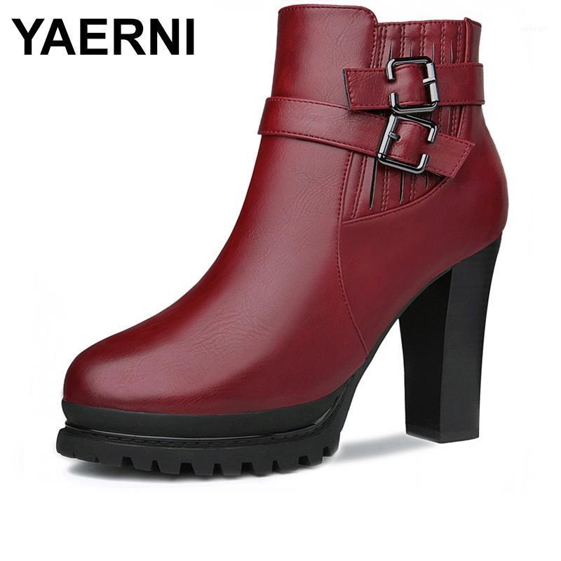 

YAERNI Autumn Winter Fashion Women Boots High Heels Platform Buckle Zip Leather Short Booties Black Ladies Shoes Mar Boots1