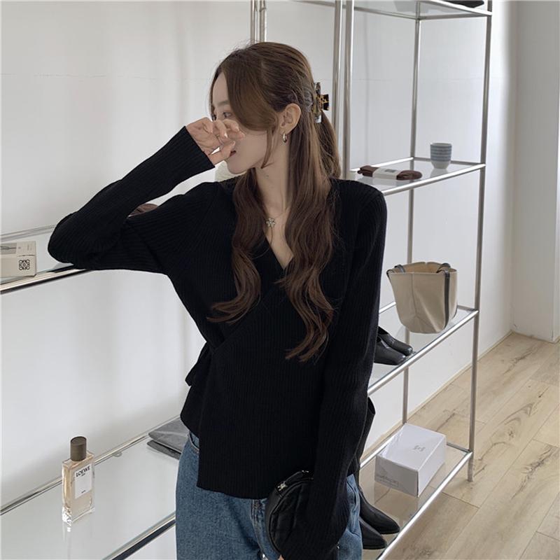 

Autumn and Winter Korean Version of 2020 New Temperament V-neck Straps Slim Slimming Long-sleeved Sweater Top Women GX1492, Black